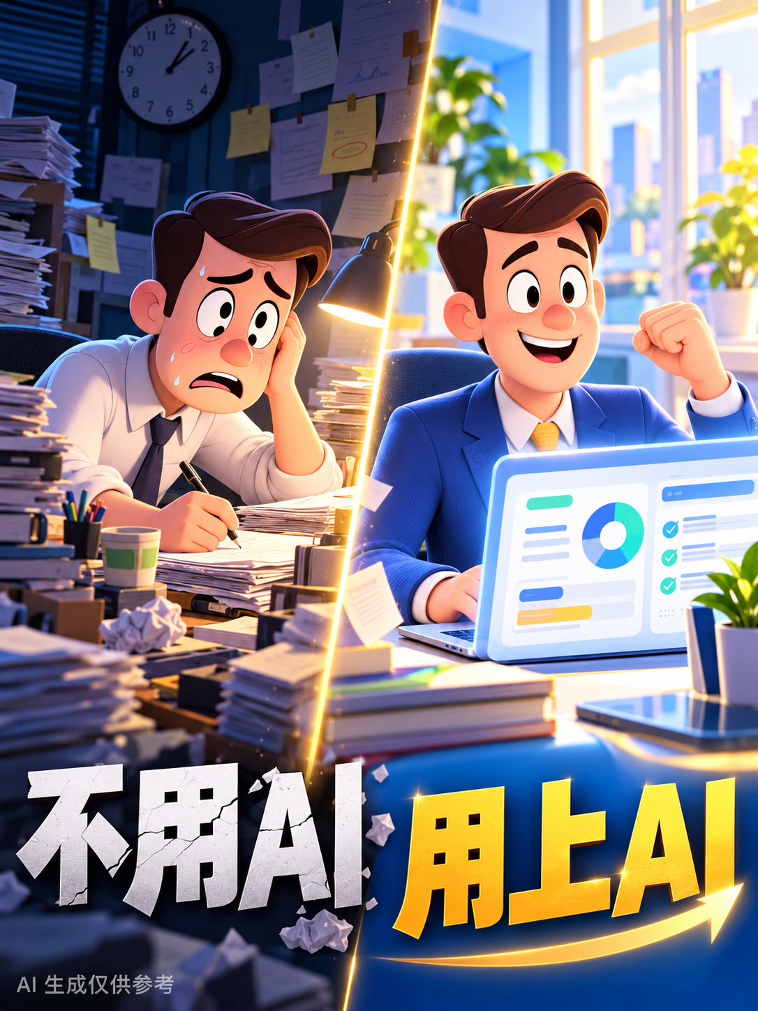 不用AI与用上AI的工作状态对比：左侧疲惫加班、文件堆积，右侧轻松自信、效率倍增