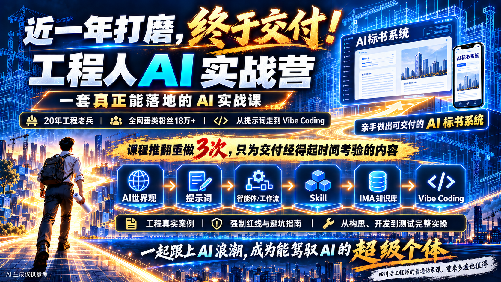 工程人AI实战营课程宣传海报：近一年打磨终于交付，一套真正能落地的AI实战课，六大模块从AI世界观到Vibe Coding
